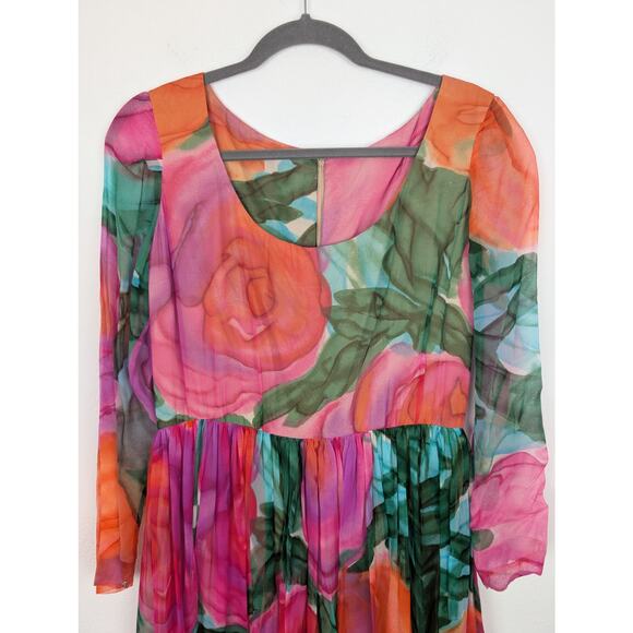Kiki Hart Dress Vintage 60s 70s Floral Designer Maxi Boho Pink Green Size 6 - Picture 2 of 11
